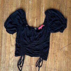 Guess Black Ruched Puff-Sleeve Drawstring Crop Top